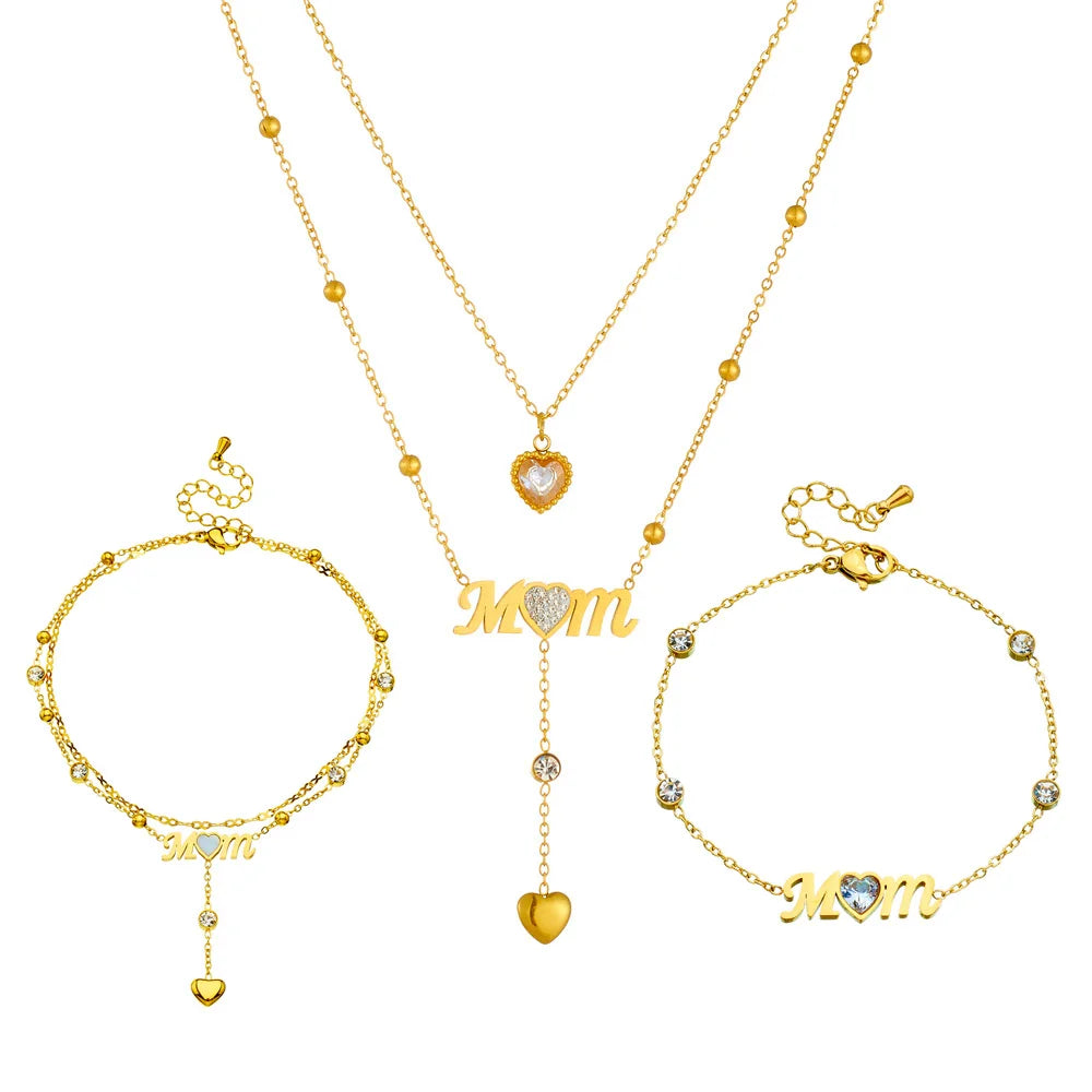 Wholesale 18K Gold Plated 316L Stainless Steel Trendy Fashion Chain Pendant Jewelry Designs Mom Necklace Bracelet Set Parties