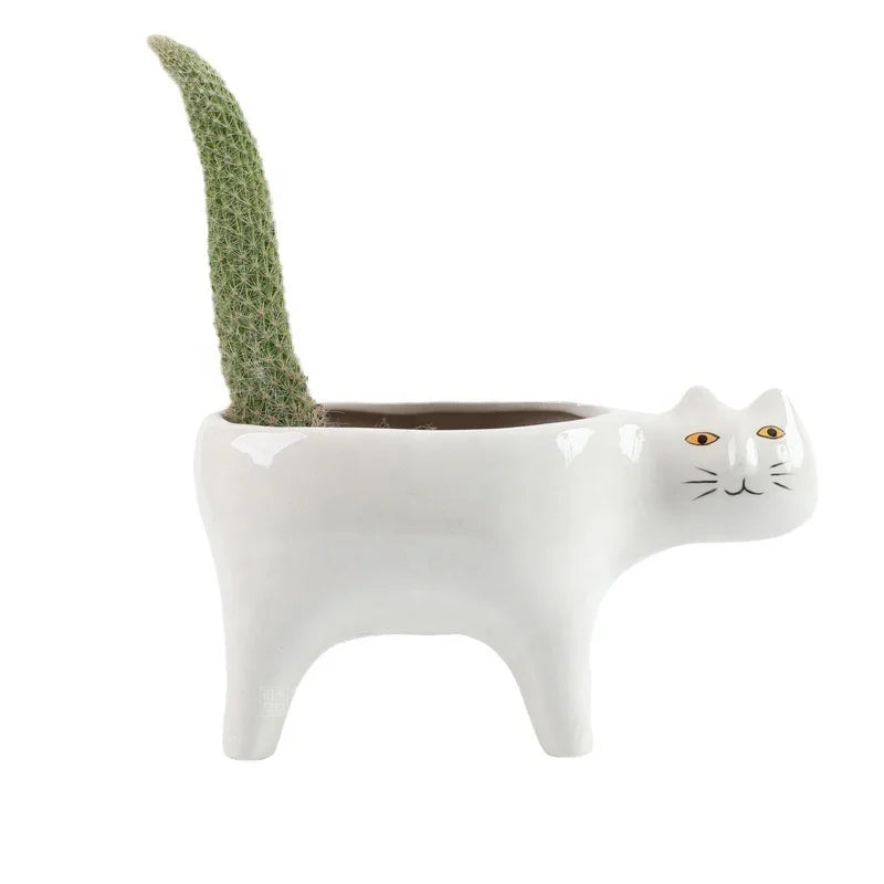 Animal Style Cat Shape Glaze Ceramic Flower Pot With Drainage Hole Plant Garden Exquisite Home Decoration