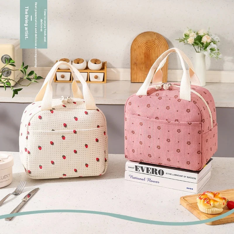 Cute Waterproof Portable Corduroy Lunch Bag with Zipper Closure Insulated Student Office Worker Picnic MegaBDM