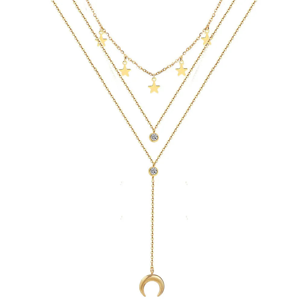 Star Moon Charm Necklace Layering Chain Choker for Women Stainless Steel Y Necklace
