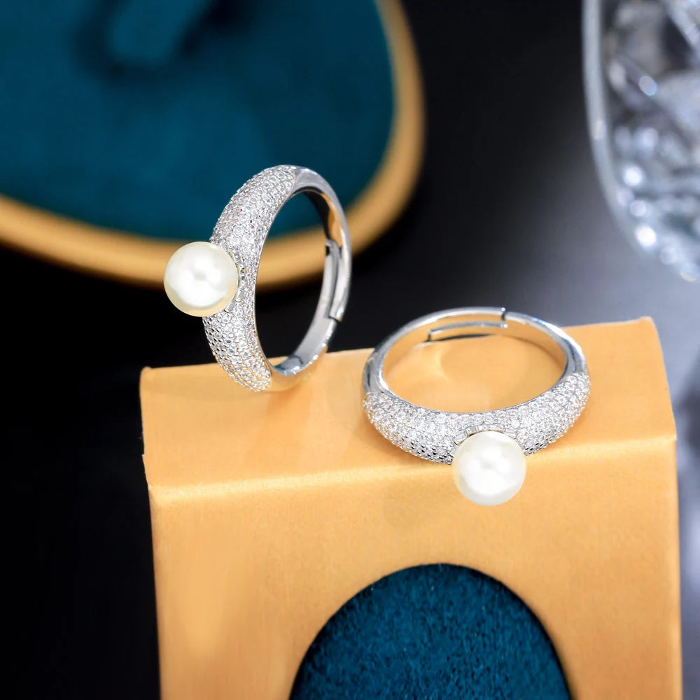 Adjustable Micro Pave Cubic Zirconia Silver Plated Bridal Wedding Round Pearl Rings Female Engagement CZ Jewelry Accessories