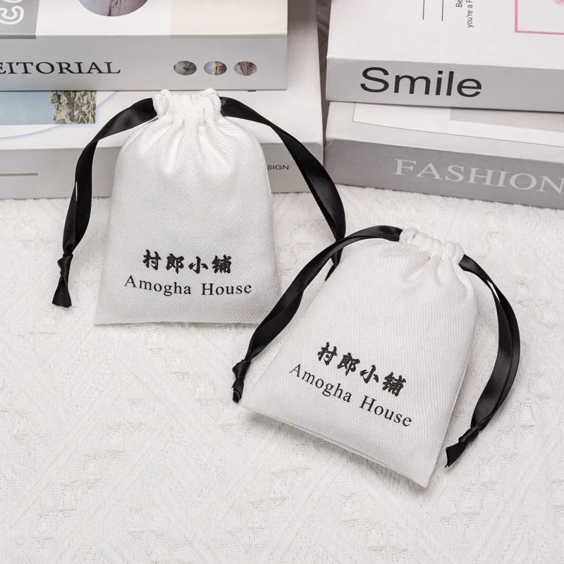 Eco-Friendly 100% Twill Cotton  Pouch for Jewelry Dust Packaging Pouch for Bracelets  Double Ribbon Drawstring Bag for Earrings