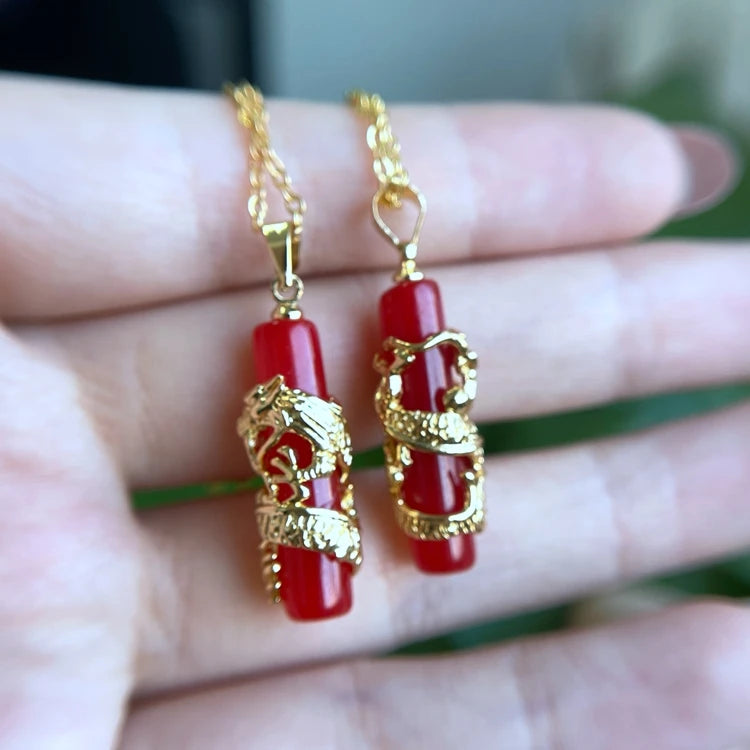 2022 Jialin 18k Gold Plated Natural Stone  Chinese Red Jade Dragon Pendant Necklace