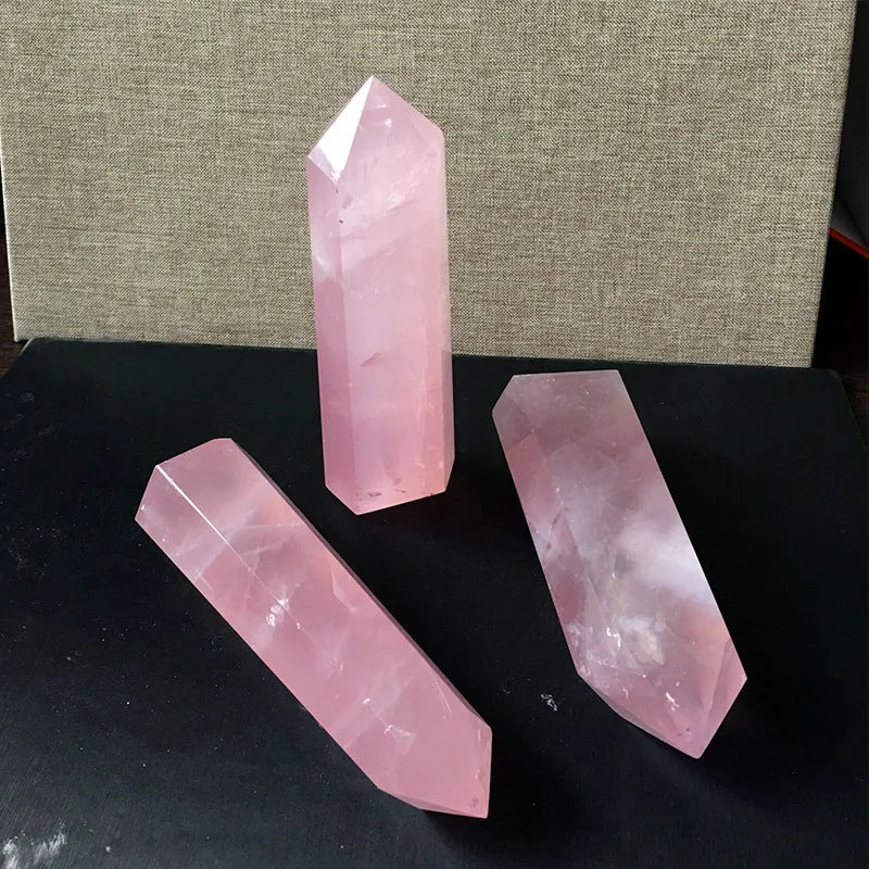 Natural Rose Quartz Healing Crystal Hexagonal Columns Single-Pointed Wands Polished Tumbled Tower Stone