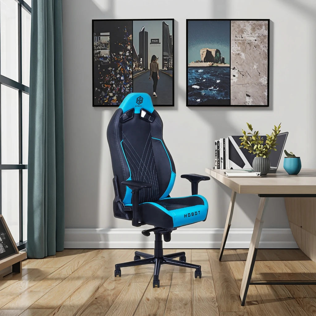 HOBOT Modern Racing Style Blue PU Leather High Back Adjustable Chair Ergonomic Office Gaming Chair