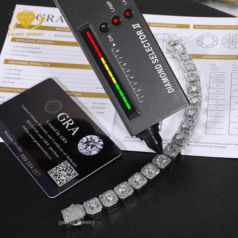 Fine Hip Hop Tennis Bracelet Bangles Iced 925 Sterling Silver Rhodium Plated Unisex Moissanite Cluster Tennis Chain