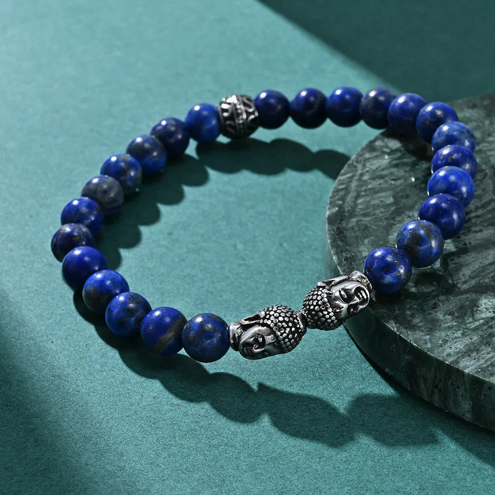 AS-007 Hand Carved Lapis Lazuli Precious Stone Tiger Eye Bracelets Buddhism Prayer Wheel Alloy Double Buddhist Head Bangle