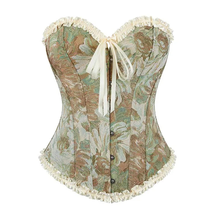 Floral Oil Printing Crocheted Overbust Corset Lace Trim Bustier Top Burlesque Lingerie Corselet