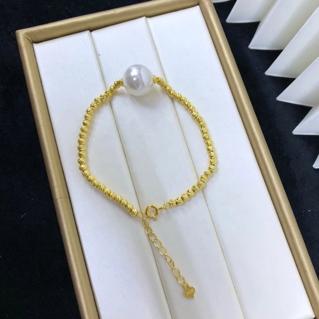 B478 10-11mm 925 Sterling Silver Gold Plated Wholesale Freshwater Pearl Charm Bracelet  Bangle Fancy Jewelry for Women
