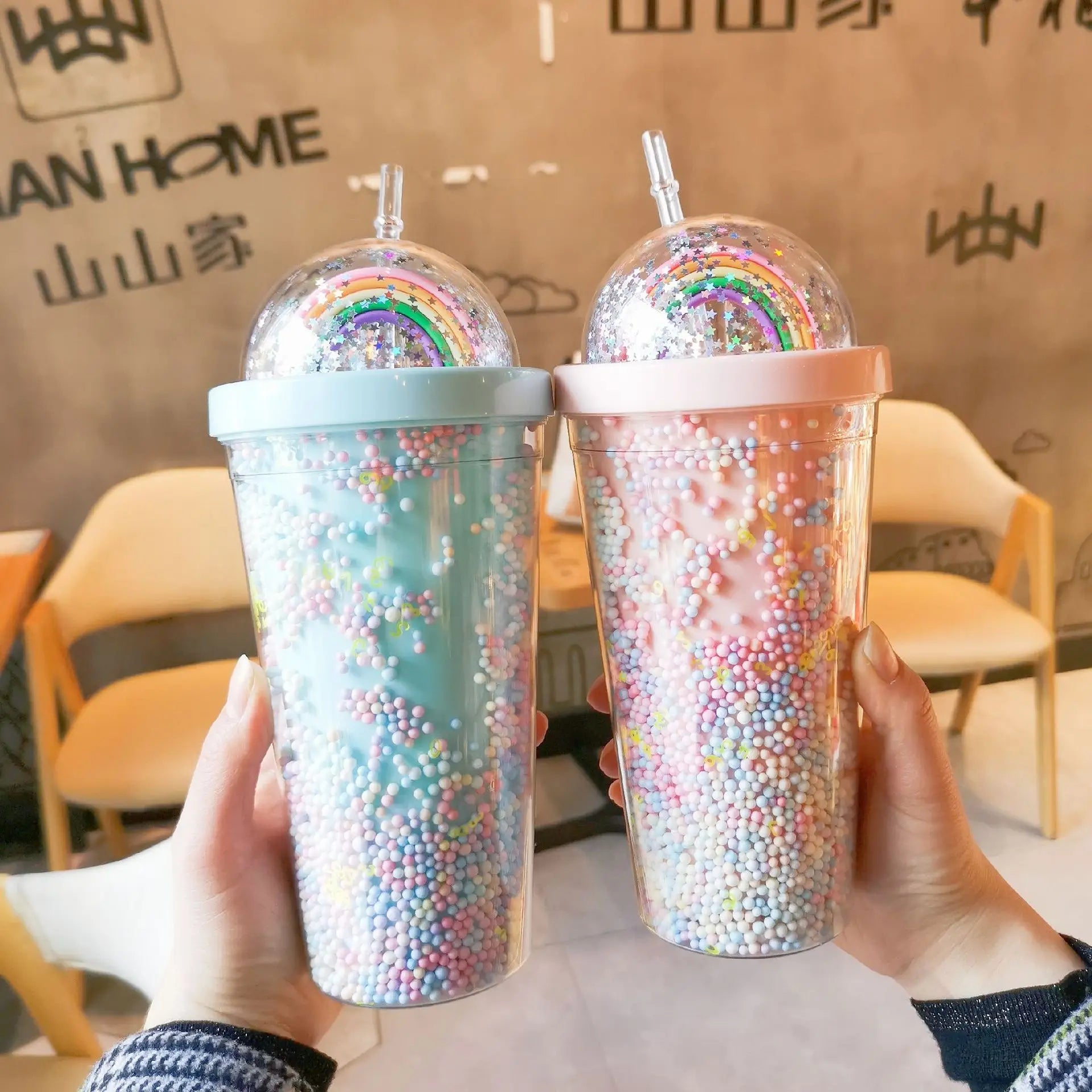 Creative Cute Colorful Beads rainbow Cups Girls Plastic Water Bottle for Adults
