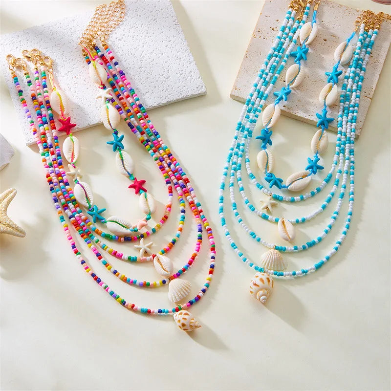 Popular Design Bohemian Ocean Vacation Style Sea Star Shell Conch Pearl Necklace Fashion  Multi Layer  Stacked Necklace