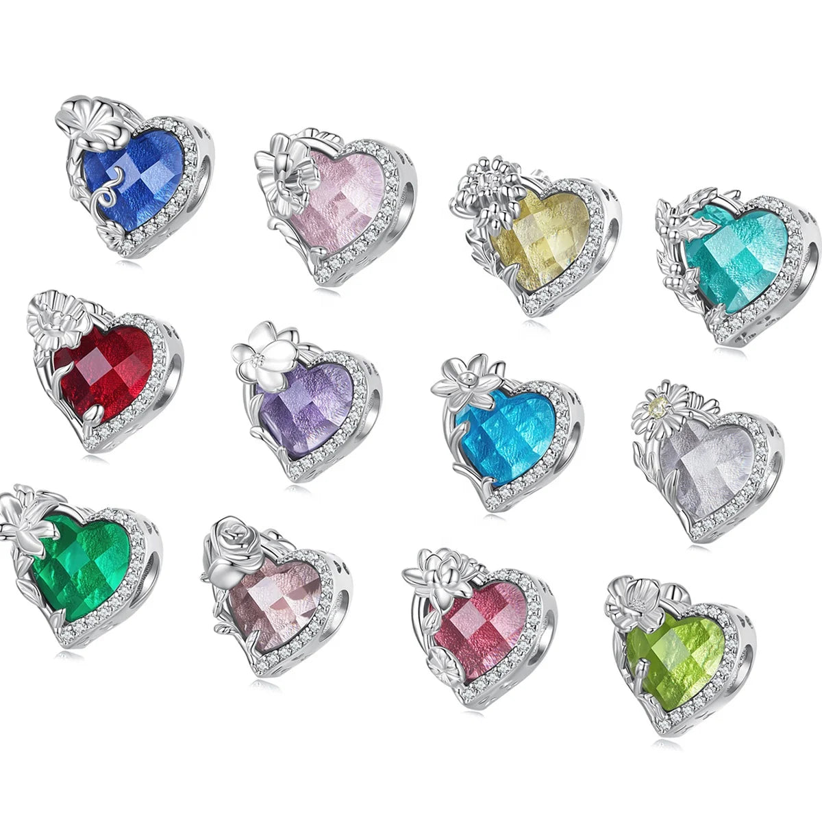 925 Sterling Silver Multi-color Zircon Heart Shape 12 Birthstone Beads Daisy Flower Charms fit Bracelet Women Jewelry DIY BSC660