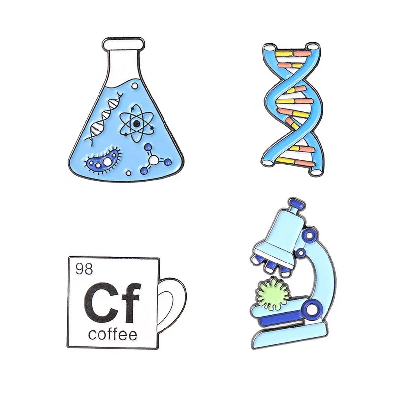 Custom Zinc Alloy Plating Children's Scientific Experiment Microscope Gene Beaker Coffee Lapel Pin Chemical Party Engagement