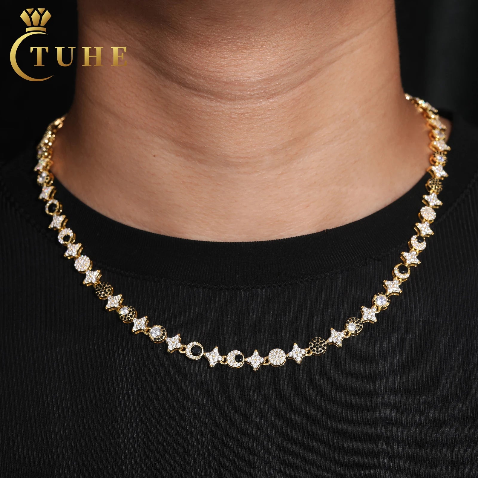 New Original Design 8mm Sun Moon Star Link Chain Prong VVS Moissanite White Gold 925 Silver Mens Jewelry Gift Party Necklace