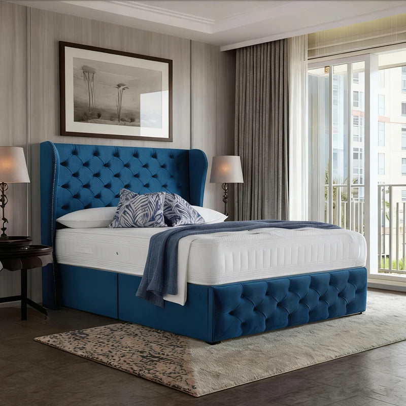 Modern Hotel Bedroom Furniture Double Queen king Size Bed Frame With Standing Tufted Headboard Panel