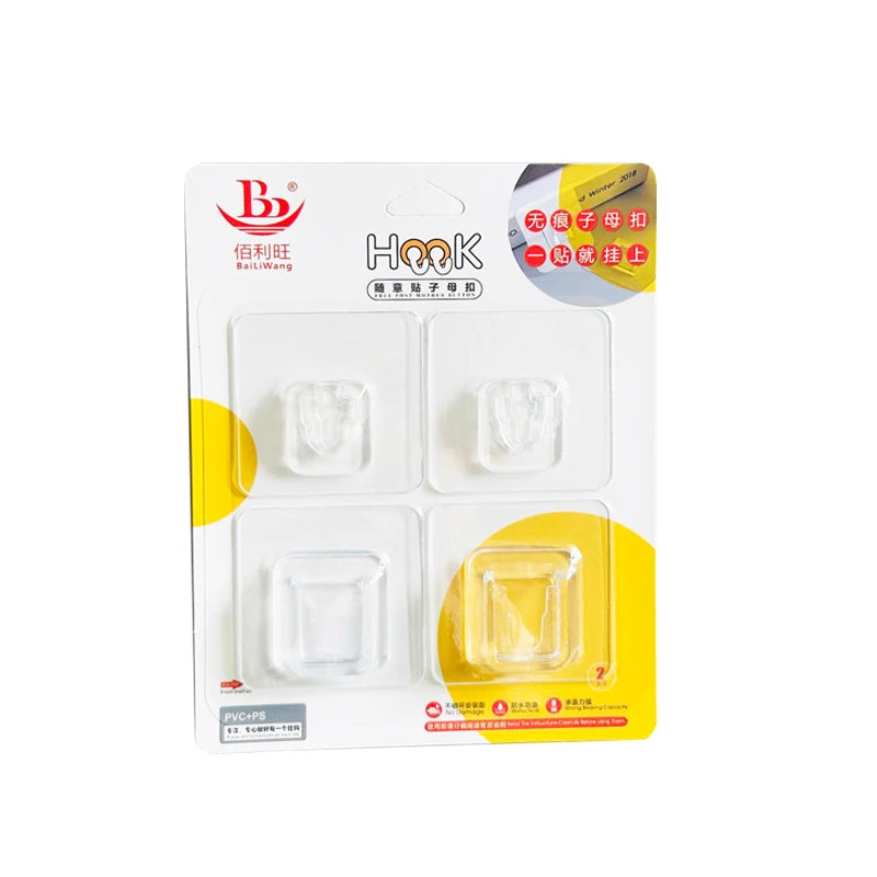 Yiwu Double Side Adhesive Hooks Plastic Seamless 24 Pack Transparent 60mm Heavy Duty Wall Sticker Self-adhesive Hanger Hooks