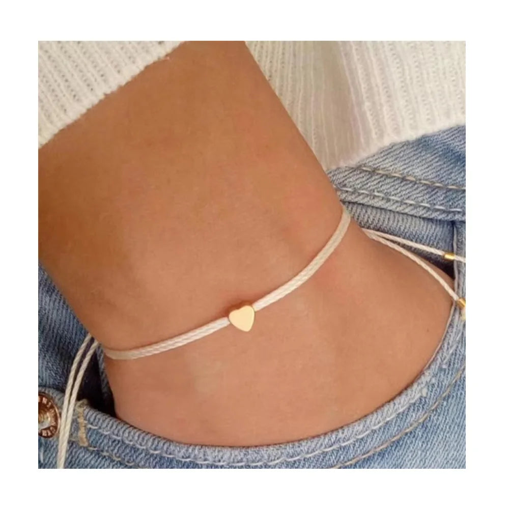 Handmade Gift for Sister Birthday Wish Lucky Gold Heart Bracelets Tiny Heart Charm Adjustable String Bracelet
