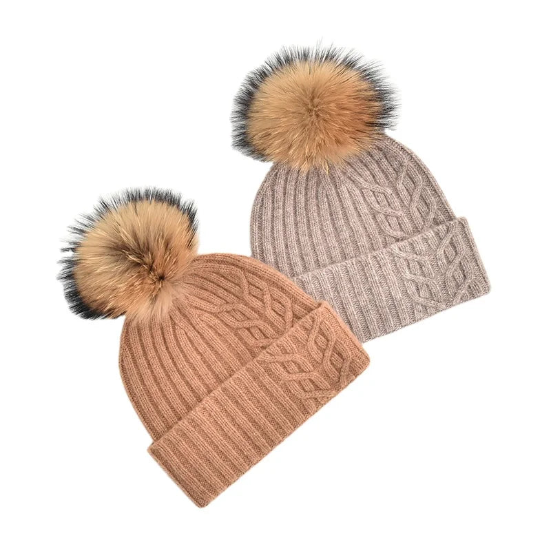 Custom Women Wool Hats Stylish Fur Pompom Beanie Knit Wool Luxury Winter Hats for Woman Wool Hats With Custom Logo