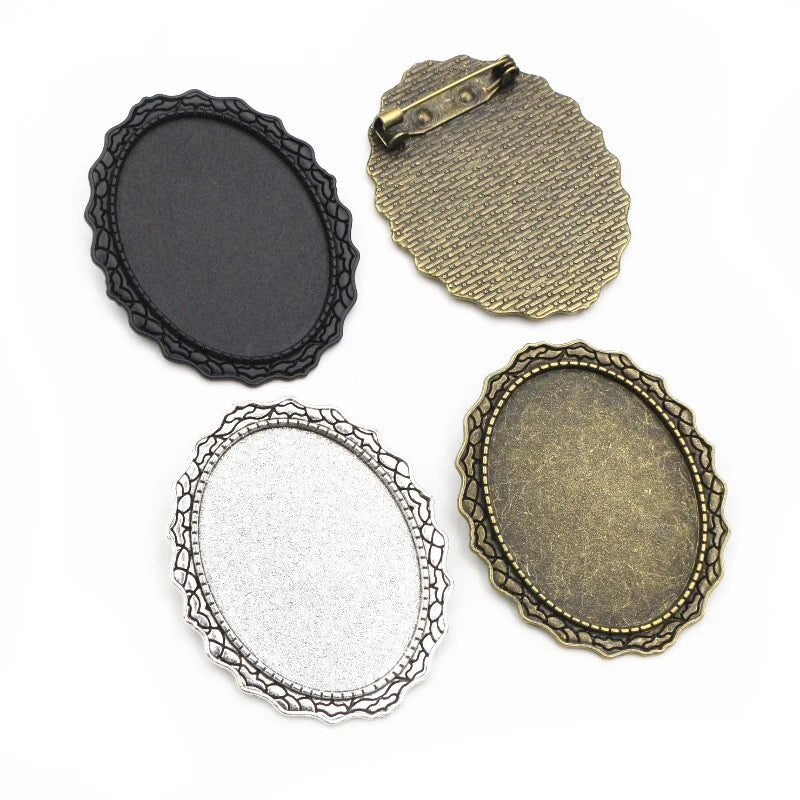 30x40mm Inner Size Antique Silver Plated Bronze Vintage Floral Brooch Blank Base Bezel Trays DIY Jewelry Findings