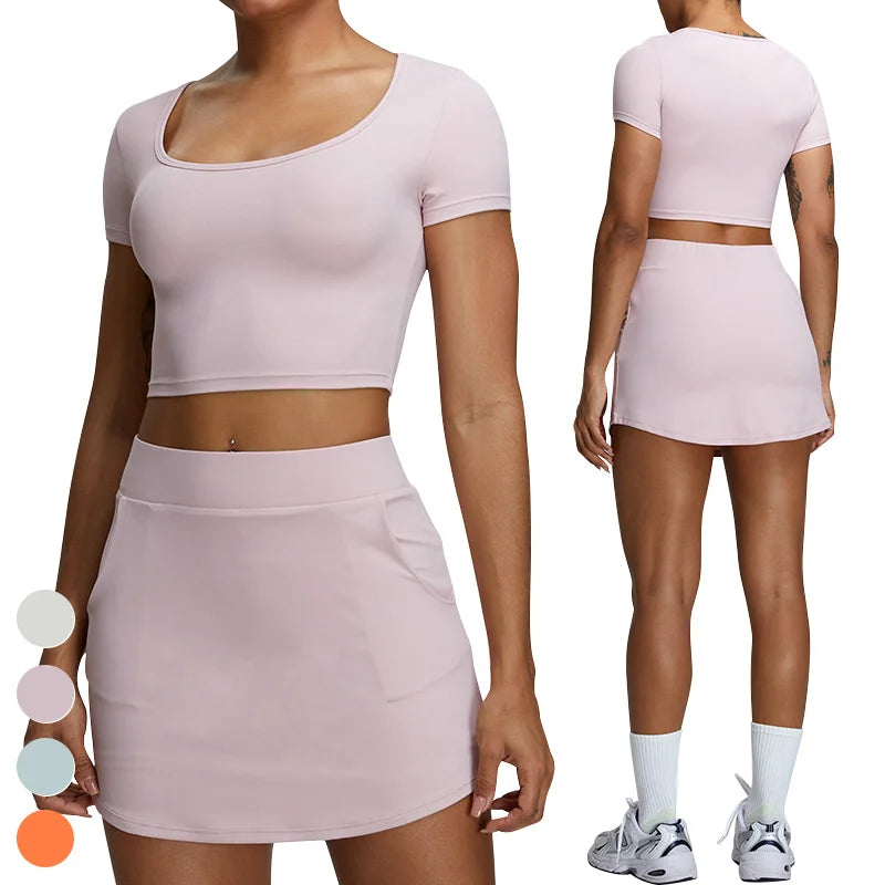 Wholesale Outdoor Leisure Sports Suit Short Sleeve Tops Sports Skirt 2 Piece Yoga Sets Gym Fitness Sets Yoga Set for Women
