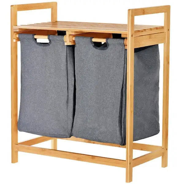 Great Bamboo Laundry Hamper with Dual Compartments & Two-Section Design Removable Sliding Bags & Shelf 76x34x10cm