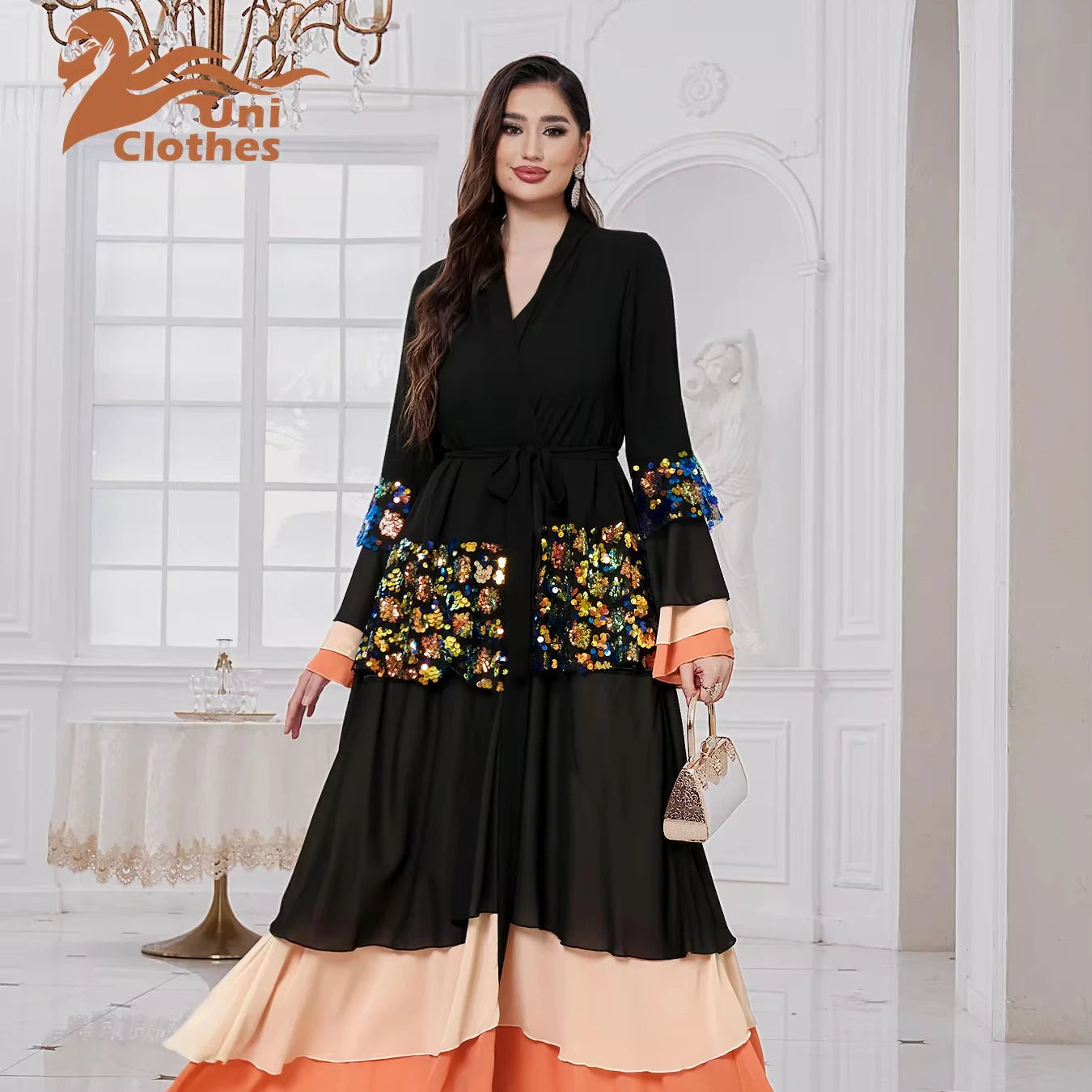 Eid Open Abaya Dubai Turkey Bubble Sleeves Abayas for Women Muslim Fashion Sequin Dress Islam Kaftan Kimono Femme Musulmane