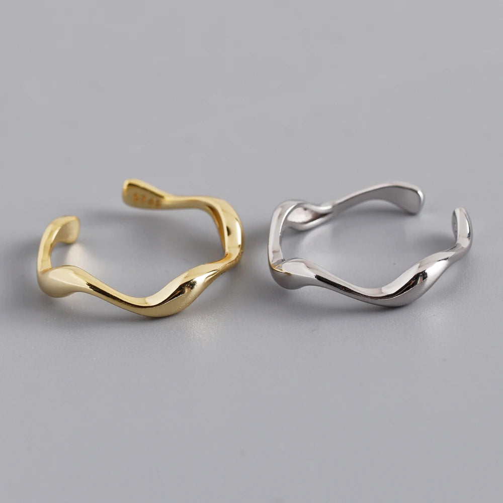 Wholesale Fashion Jewelry 925 Sterling Silver Plain Simple Wave Form Gold Plated Opening Ring Jewelry for Women