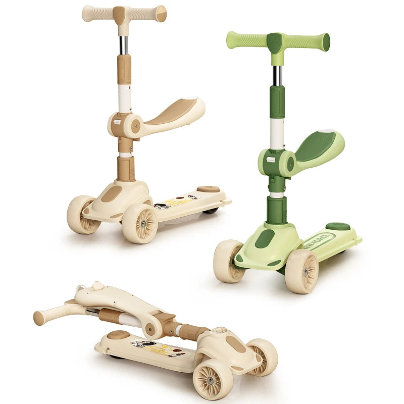 Foldable Children's Scooter Extra Wide PU Light-Up 3 Wheels Kids' Kick Scooter With Removable Seat