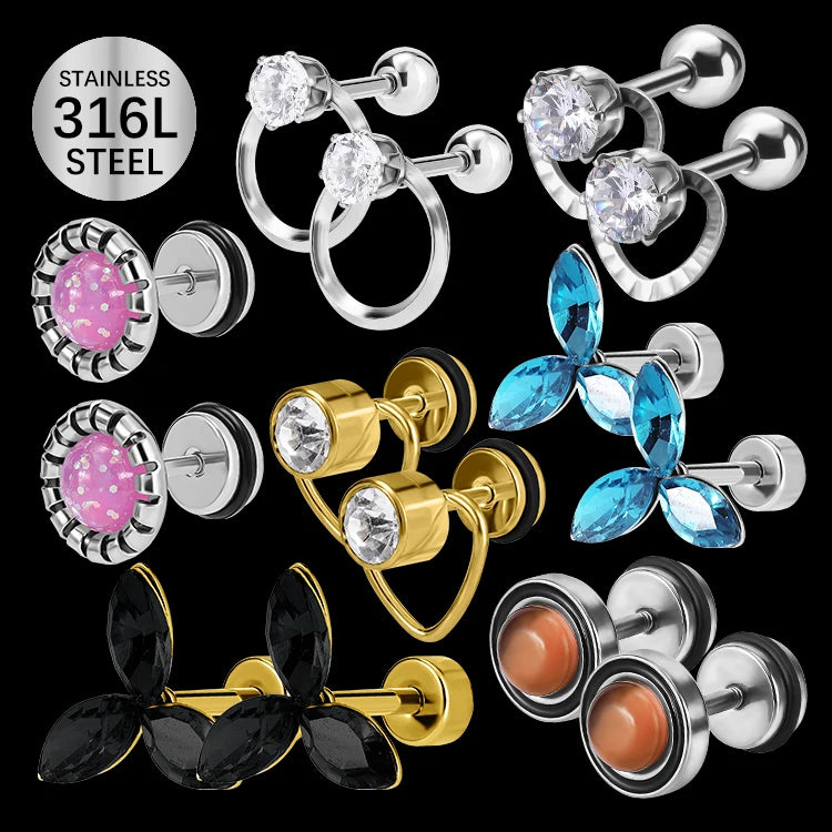 Blue Opal Stud Earrings New Design Luxury Zircon Trendy Gold Plated Unisex Stainless Steel Piercing Jewelry
