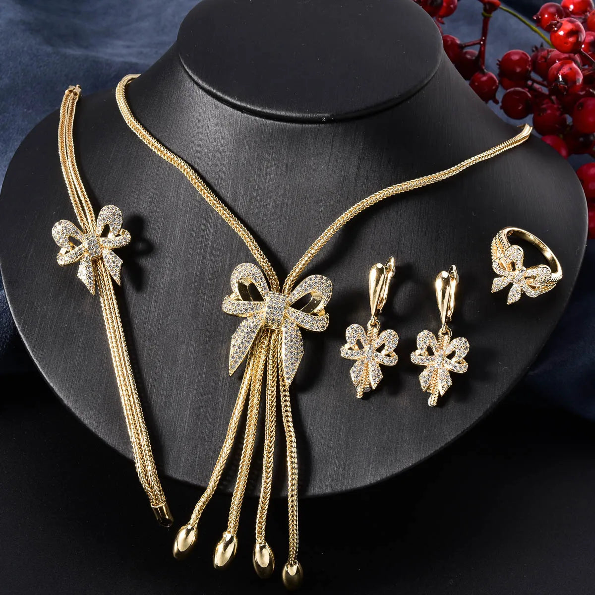 New Arrival 14k Gold Plated Copper Exquisite Necklace Earrings Ring Bracelet Bridal Jewelry Sets for Women