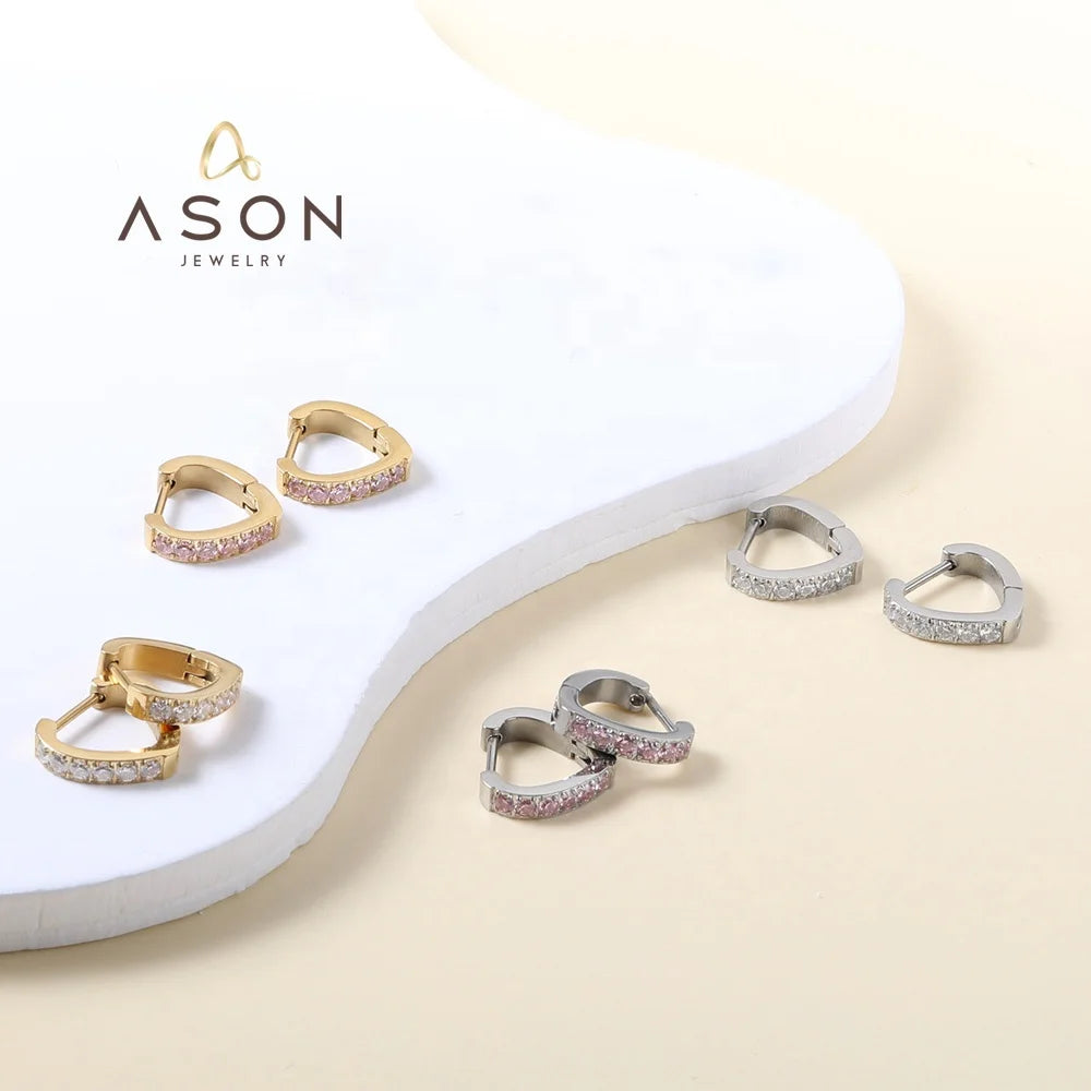 Ason Fashion Jewelry Stainless Steel 18K Gold Plated Cubic Zirconia Earrings pink Stones Heart Shape Hoop Earrings for Women