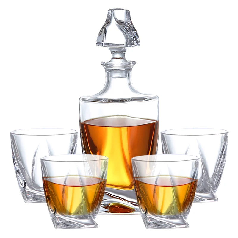 Fathers Day Bar Glassware Twist Crystal Whisky Bottle Italian Crafted Glass Whiskey Decanter Set with 4 Old Fashioned Glasses