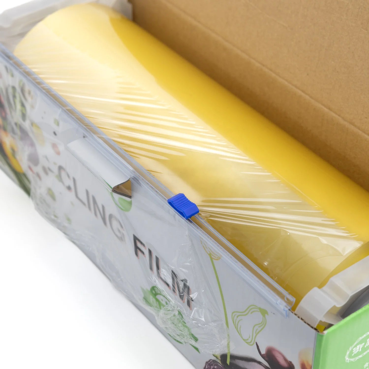 Kitchen Supplies PVC Stretch Wrap Film Roll with Plastic Slide Cutter for Fruits and Vegetables.