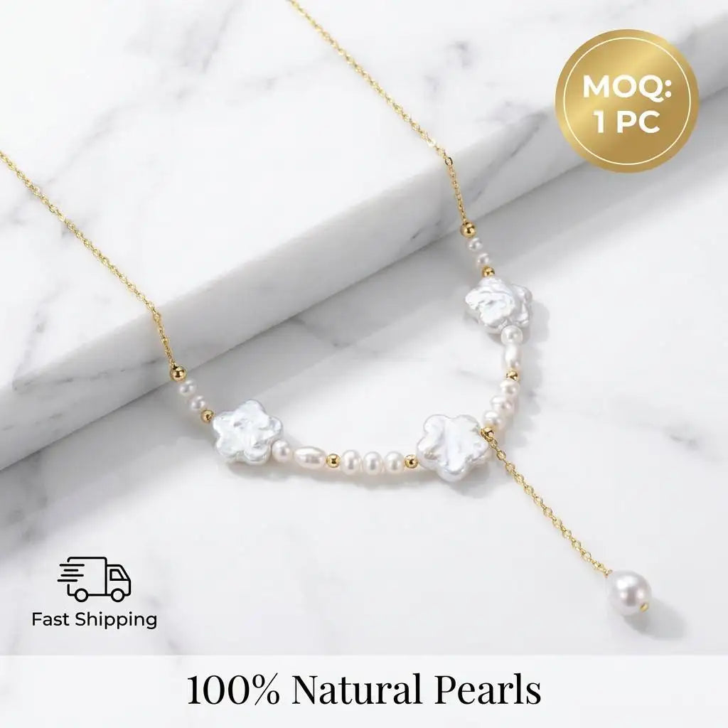 Real Freshwater Pearl Smile Necklace Plum Blossom Baroque & 3-4mm Near Round White Pearl Jewelry Fast Shipping MOQ 1 Piece