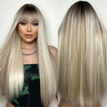 Factory Fast Delivery Long Platinum Blonde Straight Wigs with Bangs Synthetic Light Blonde Heat Resistant Natural Women Daily Ha