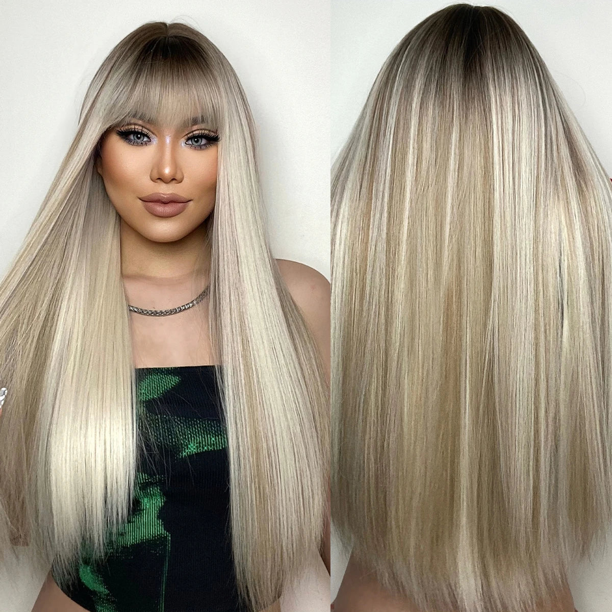 Factory Fast Delivery Long Platinum Blonde Straight Wigs with Bangs Synthetic Light Blonde Heat Resistant Natural Women Daily Ha