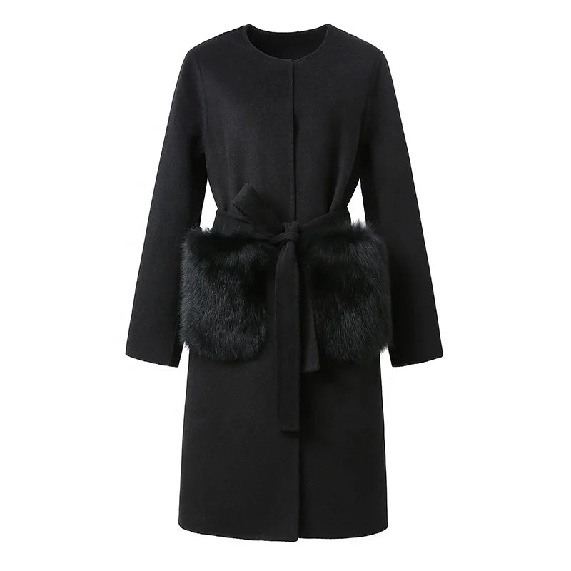 Ladies Cashmere Wool Coat Fox Fur Pockets Women Long Overcoat 100% Wool Coat