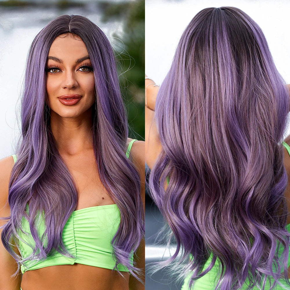 HAIRCUBE Synthetic Wig Ombre Purple Long Wigs Middle Part Hair Daily Natural Wavy Heat Resistant Fiber for Women