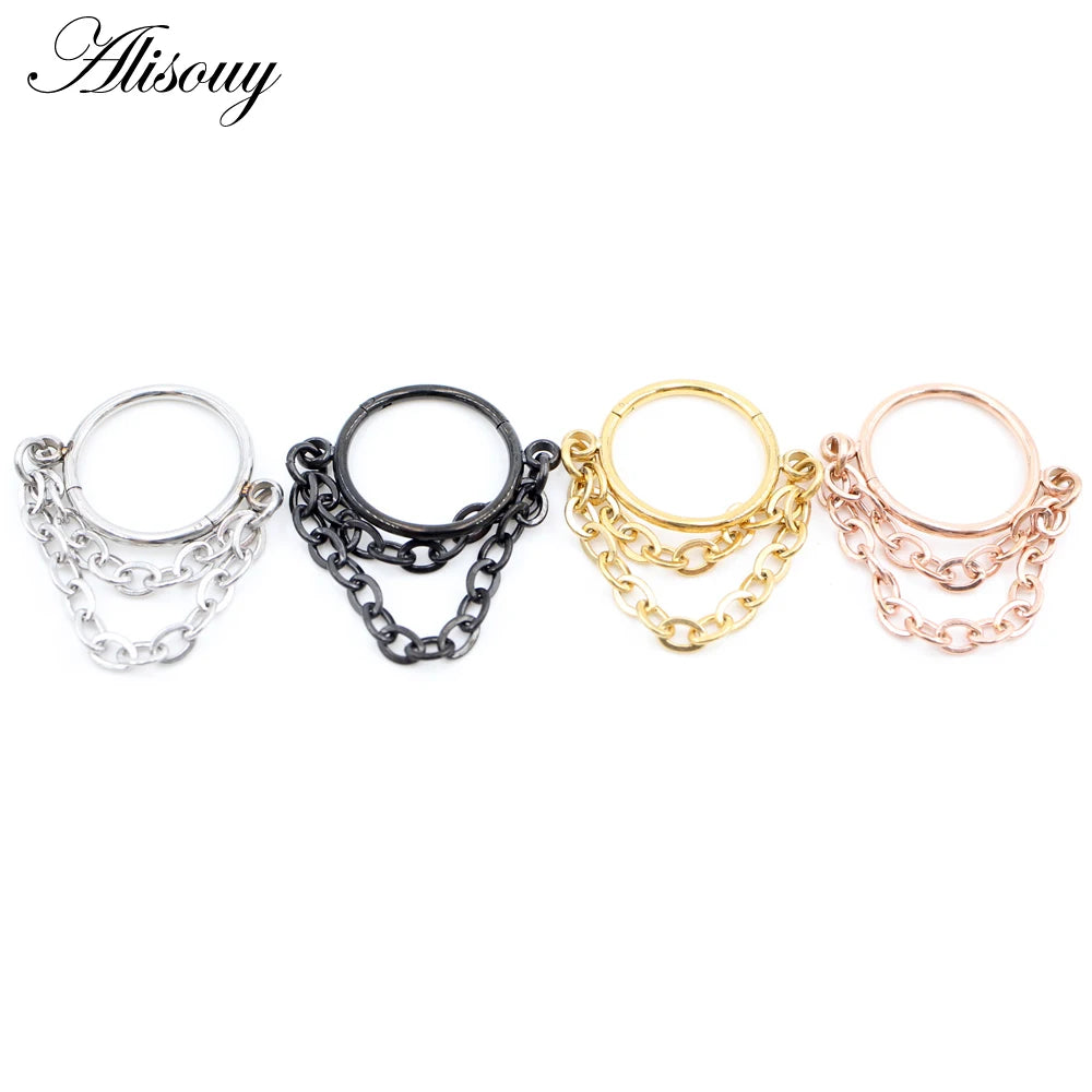 Wholesale Stainless Steel Tassel Chain Clicker Nose Septum Ring Segment Daith Helix Hoop Nostril Earring Body Wedding Gift