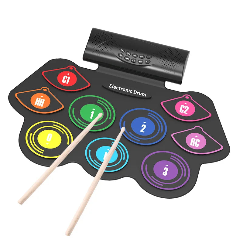 Colorful Electronic Drum Set 9 Pads E-drum with Foot Pedal and Rechargeable Battery with 2 Built-in Speakers