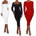 New Arrival Evening Woman Long Sleeve square Collar Ruched Formal Party Wrap Midi Dress