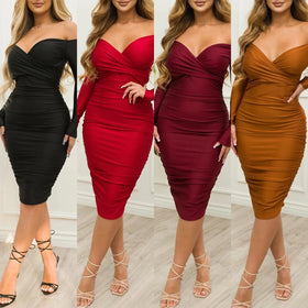 European and American Women's Sexy One Shoulder Pleated Buttocks Wrapped Long Sleeved Dress