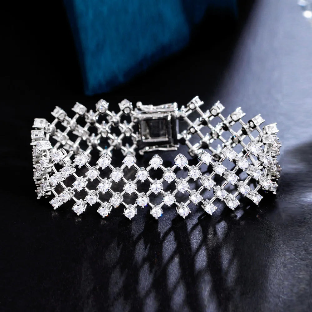 Sparkly White Multi Layered Cubic Zirconia Stone Net Shape Wedding Wide Big Bracelets for Women Bridal Party Festive Jewellery
