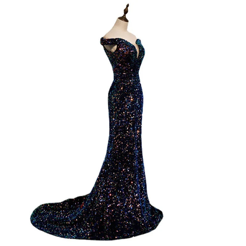 High Quality Off the Shoulder Sequin Pronm Gown Party Women France 2022 Long Evening Dresses Luxurious With Long Train