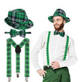 Saint Patricks Day Leprechaun Hat and Bow Tie Oversized Green Plaid Suspender Irish Cap Cosplay Costume