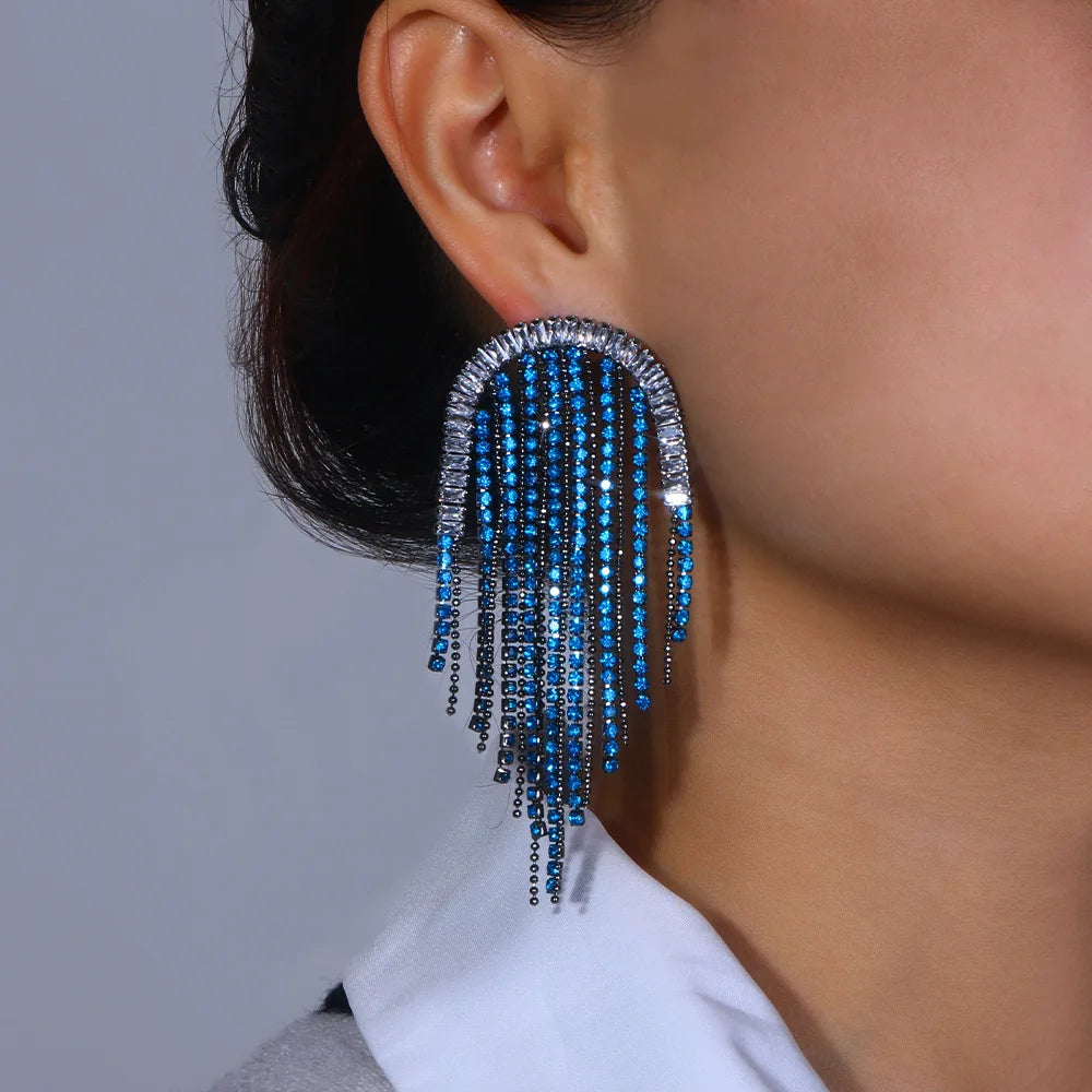 Kaimei Fashion Jewelry Fashion Rhinestone Bohemian Tassel Earrings Accessories Extra Large Women Blue Crystal Tassel Earrings