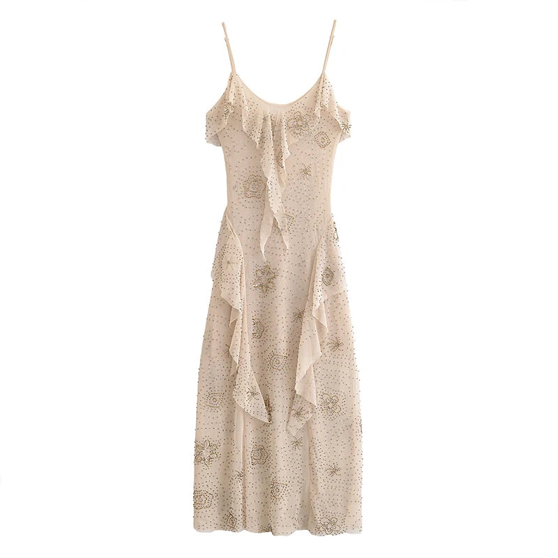 ZATRHMBM Summer Women's 2025 New Fashion Beaded Layered Dress Retro Suspender Sleeveless Elegant Women Midi Dress