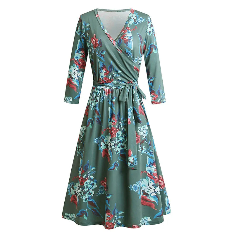 New Fashion Autumn/winter V-neck Long Sleeve Floral Pattern Knit Dress Plus Size Long Skirt