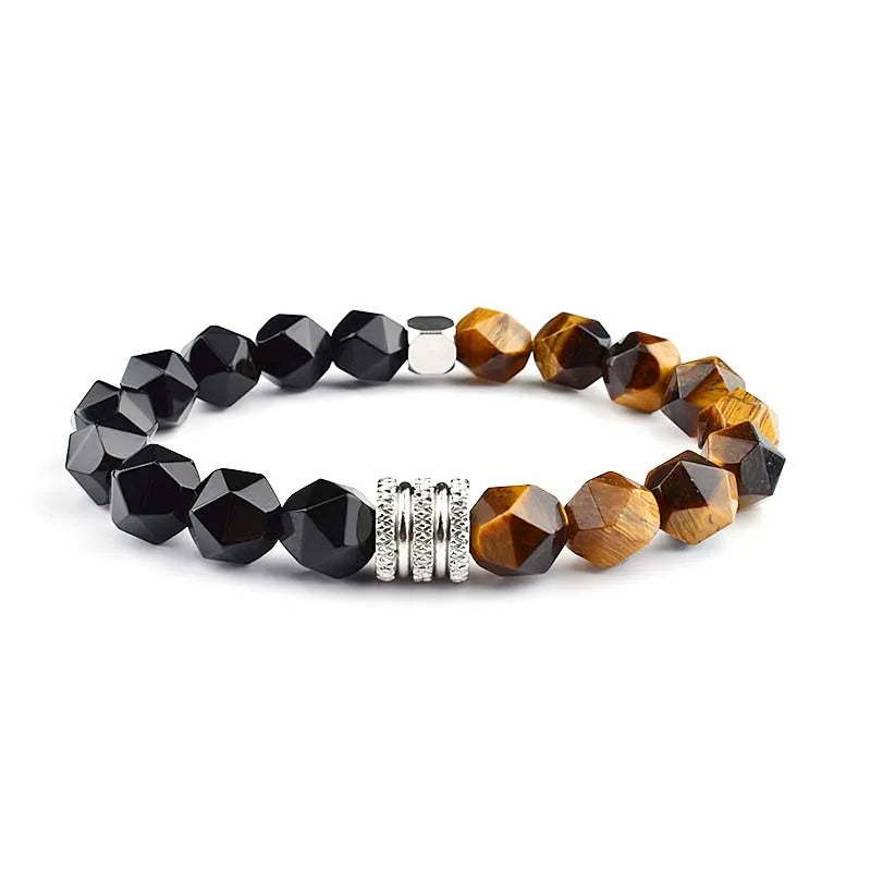 10mm Sliced Onyx Tiger Eye Stone Stainless Beaded Natural Stone Bracelet ST237