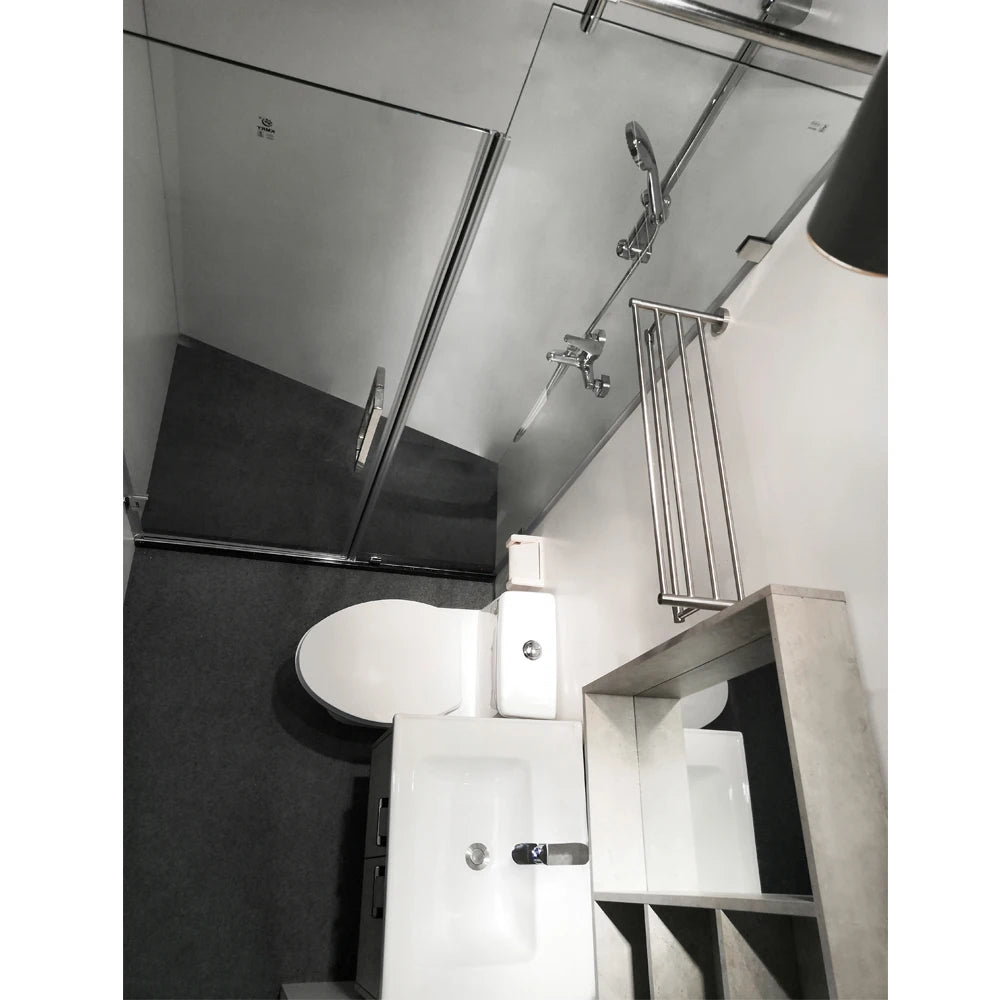 Hot Sale Complete Prefab Bathroom Unit Frameless Rectangle Tray 8mm Glass Hinge Open Style Shower and Toilet for Hotels